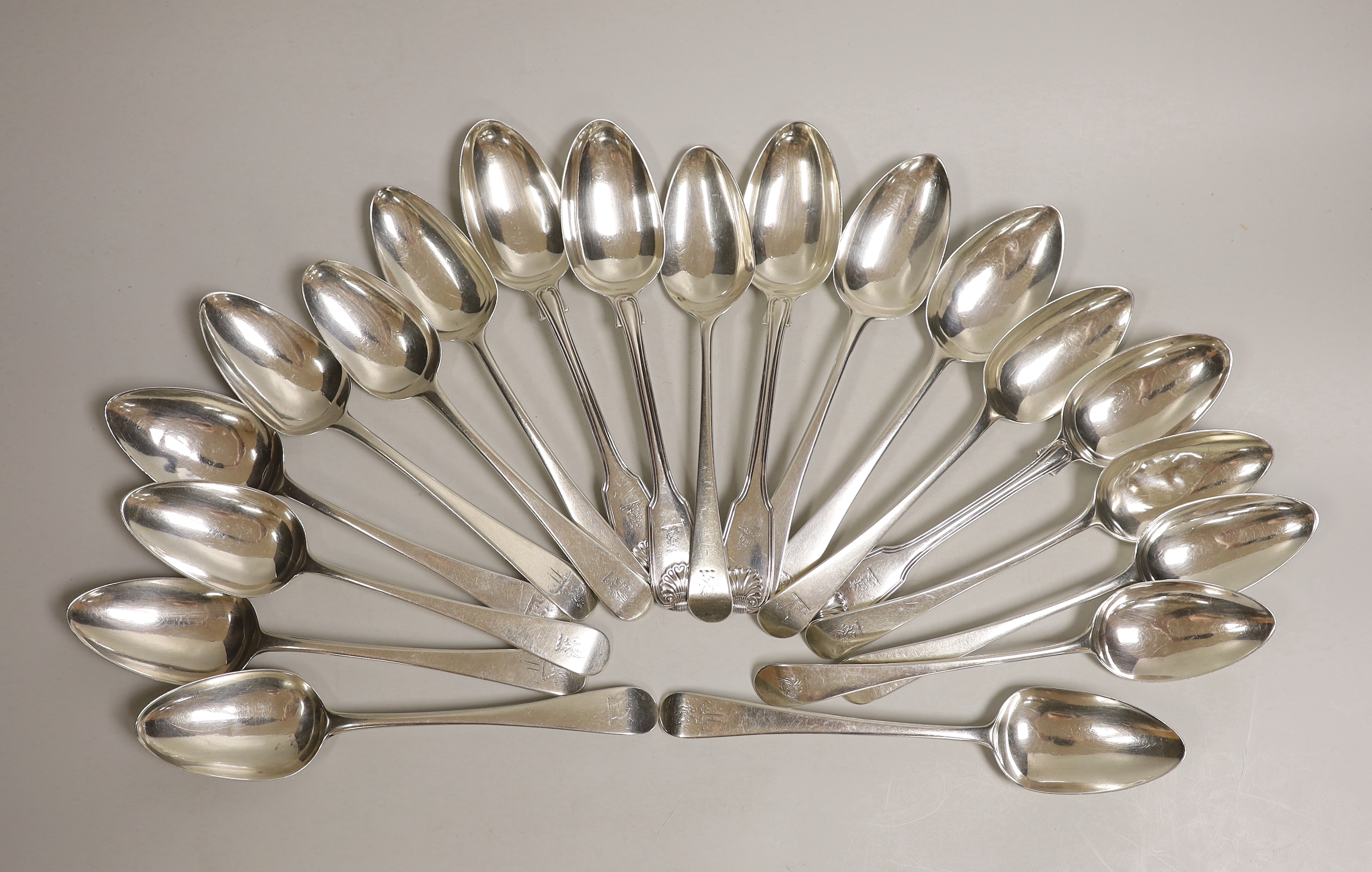 A group of assorted 19th century silver table spoons including four George III Old English pattern, London, 1808, various patterns, dates and makers, 42.5oz.